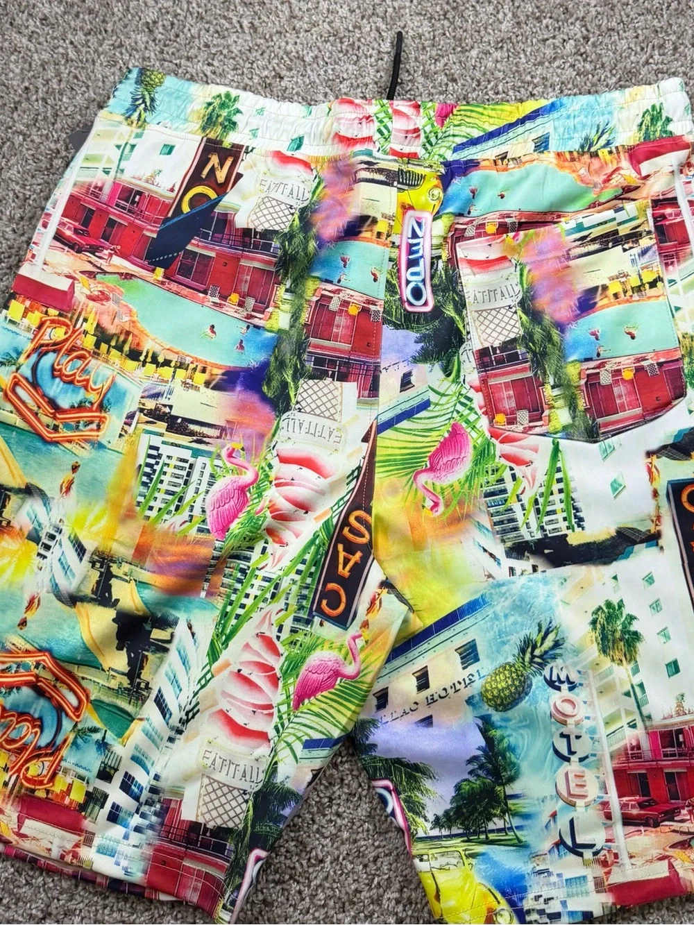 Good Vibes Miami Beach Graphic Shorts XL Neon Tropical Print NWT